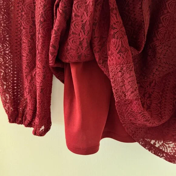 Cable & Gauge Burgundy Lace Blouse Romantic Long Sleeve Top - Picture 7 of 13